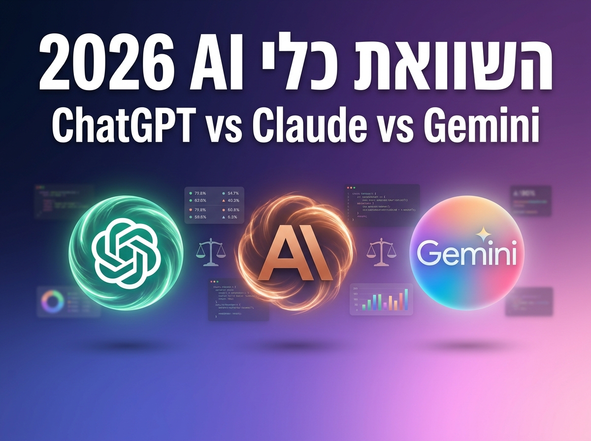 השוואה ויזואלית של 3 כלי AI מובילים ב-2026 - ChatGPT, Claude ו-Gemini - על רקע gradient סגול-ורוד עם אלמנטים של נתוני השוואה ומאזניים