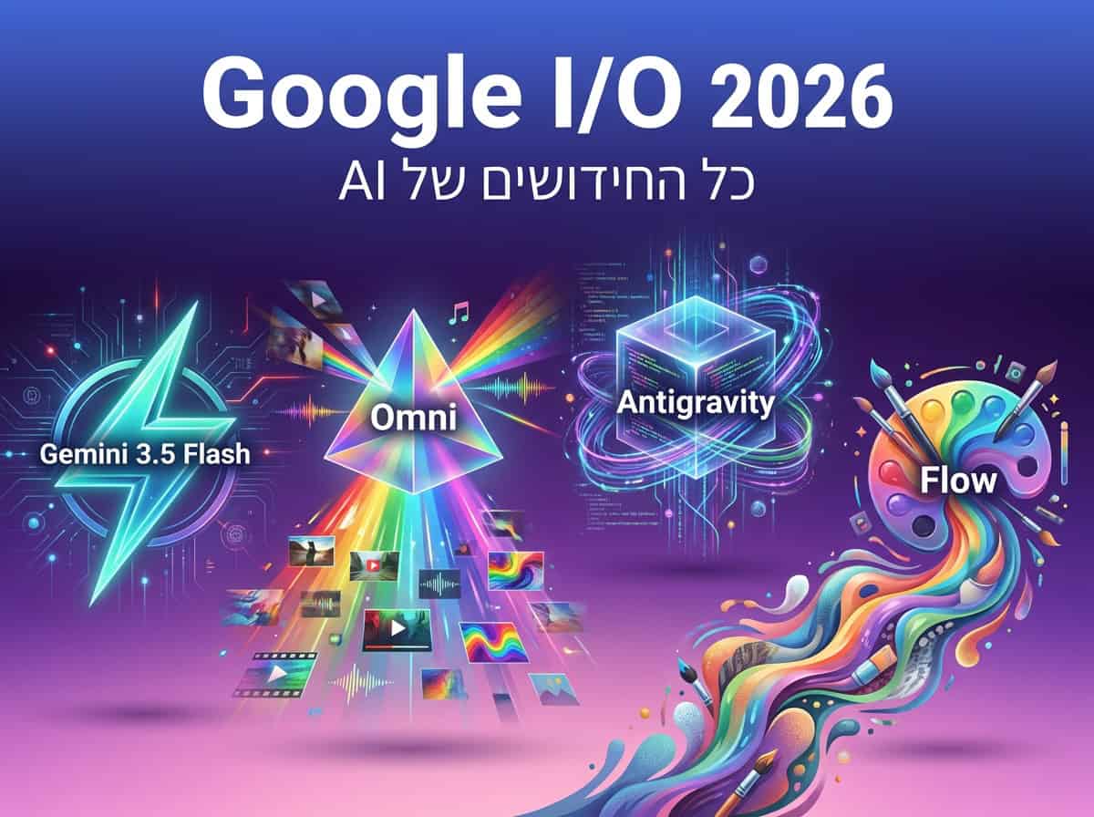 הצגה ויזואלית של 4 הכרזות AI מ-Google I/O 2026 - Gemini 3.5 Flash, Omni, Antigravity 2.0 ו-Flow - על רקע gradient סגול-ורוד עם אלמנטים טכנולוגיים